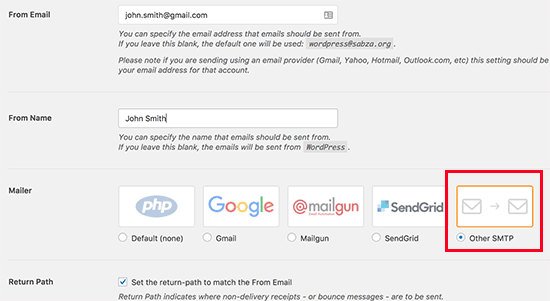 imposta gmail smtp