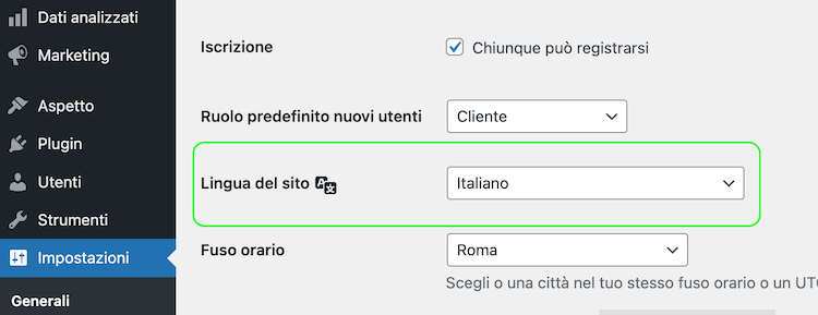 La pagina di accesso di WordPress con il selettore della lingua evidenziato in verde