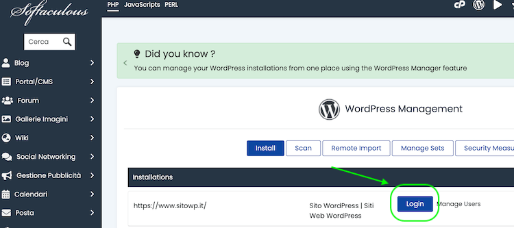 Pulsante login per WordPress su Cpanel